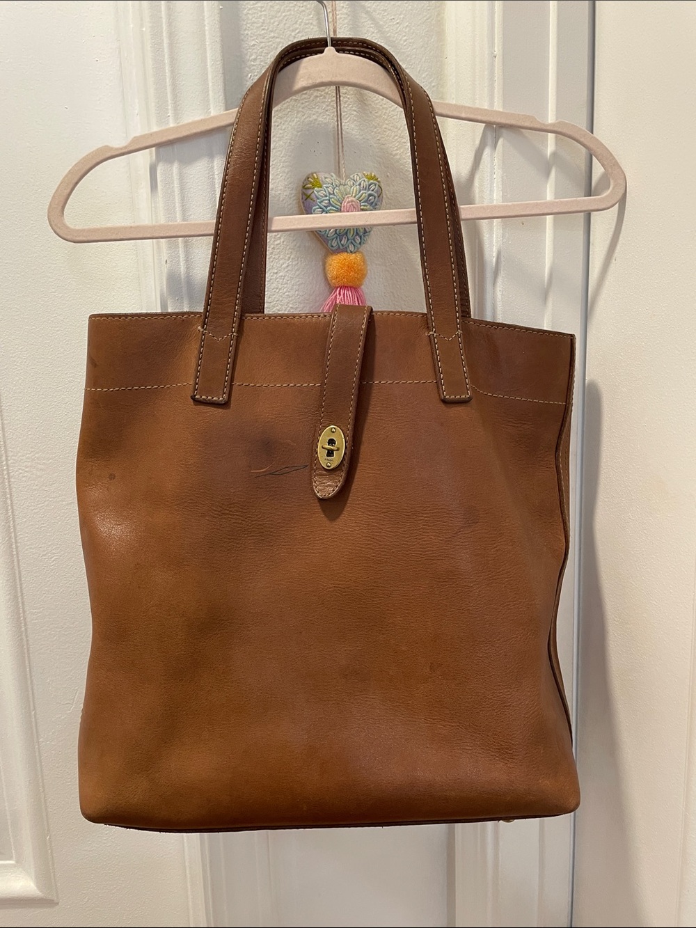 Fossil Cognac Leather Turn-Lock Tote